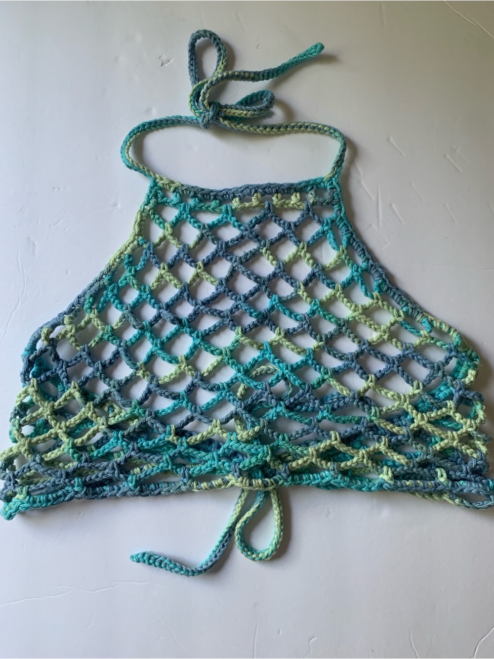 Handcrafted Crochet Mesh Halter Top in Aqua & Lime